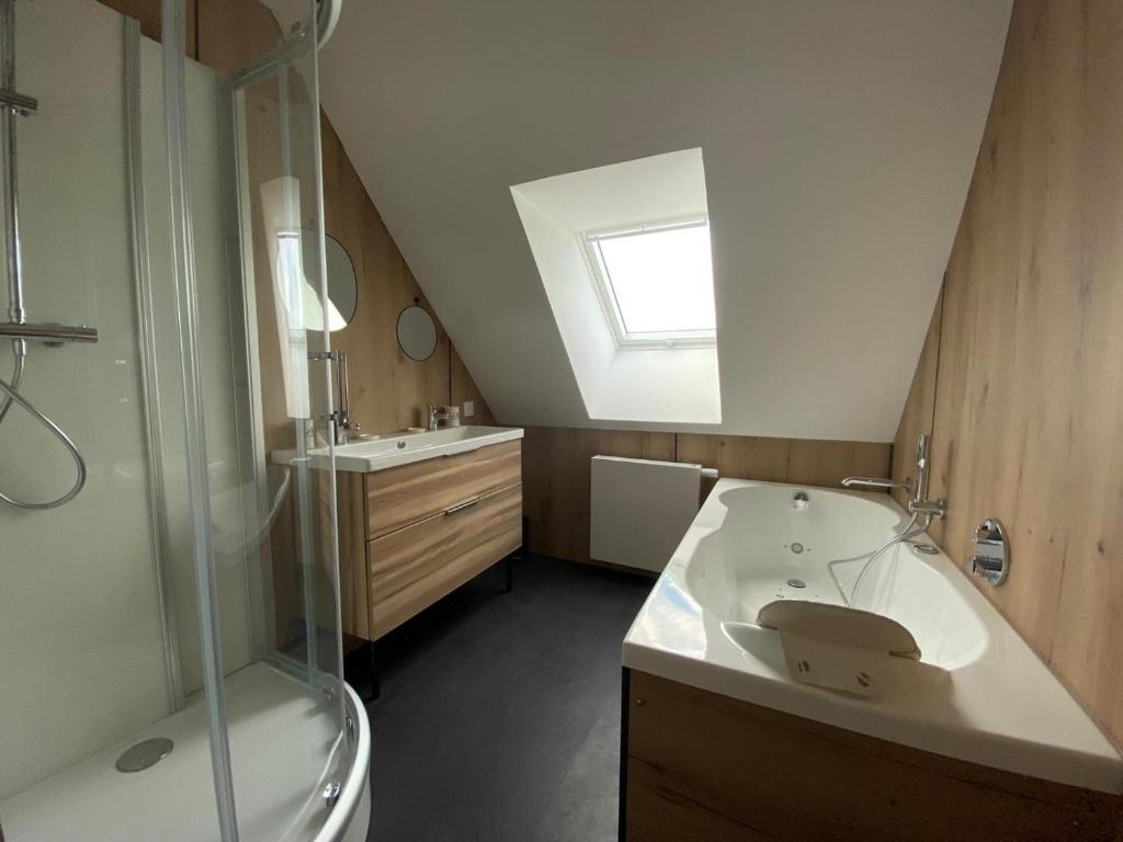 a bathroom with a sink and a shower and a toilet at Hôtel du Musée in Granville