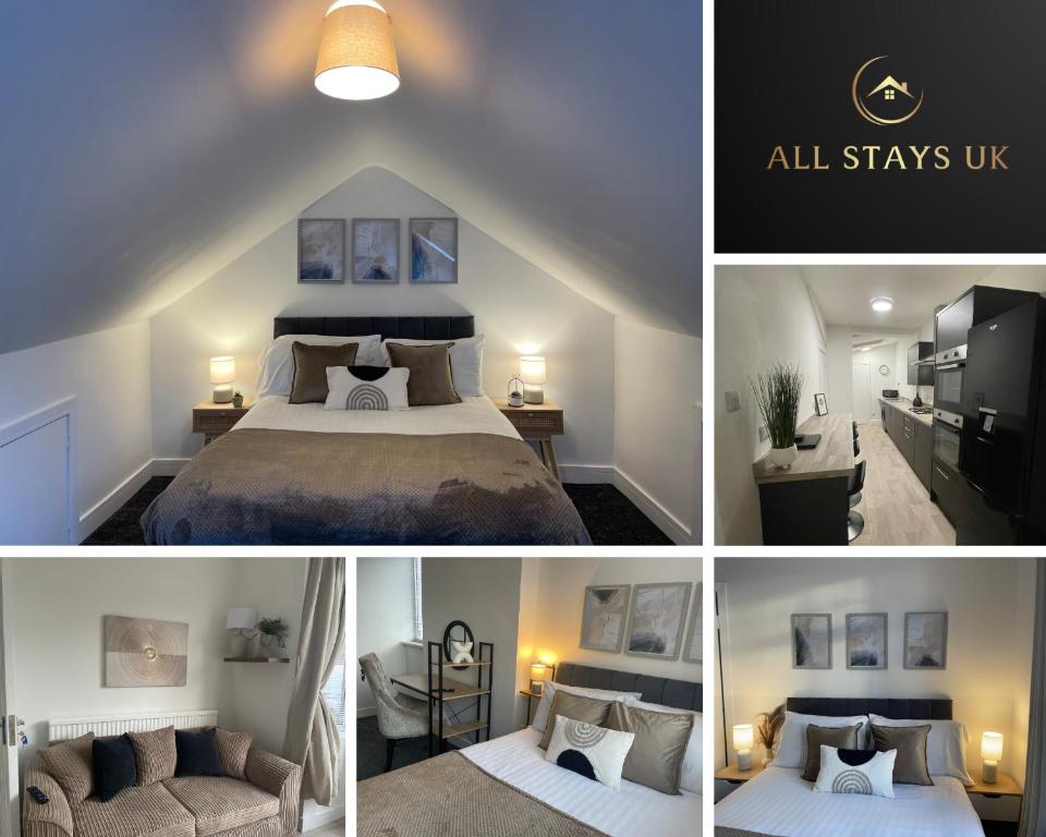 a collage of four pictures of a bedroom at Village Lodge in Middlesbrough