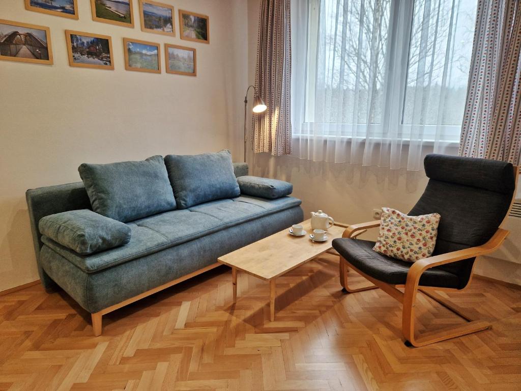 sala de estar con sofá, mesa y silla en Apartmán Stožec, en Stožec