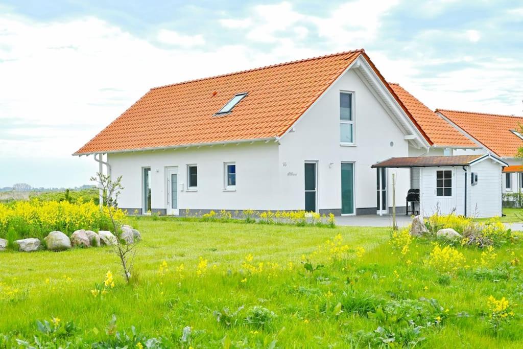 una casa bianca con un tetto arancione in un campo di Villa Strandgut a Trent