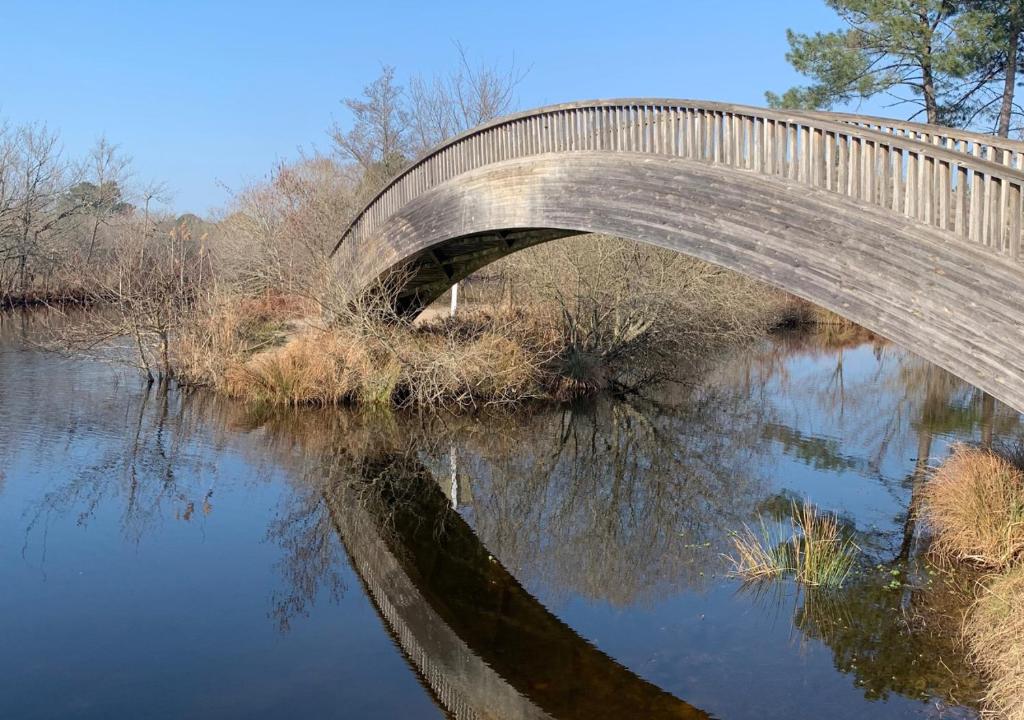 a bridge over a river with its reflection in the water at Spacieux en Centre Ville in Biscarrosse