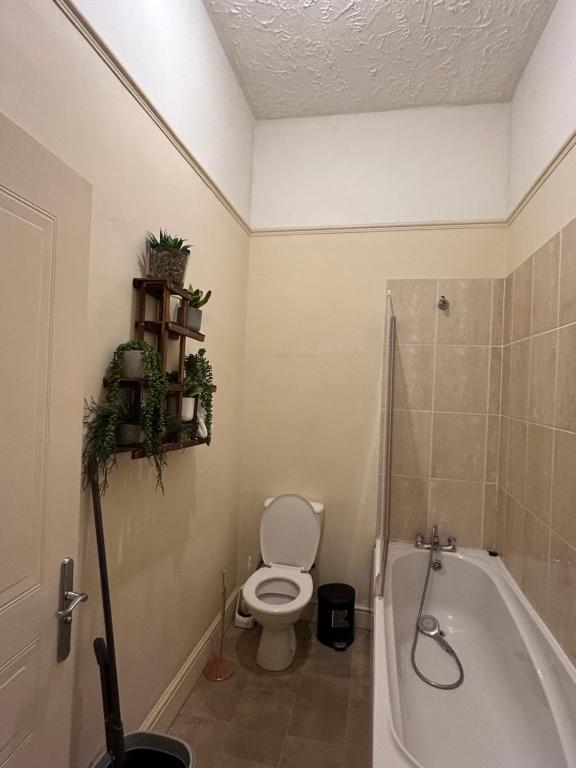 a bathroom with a toilet and a bath tub at Seafront Balcony Apartment in Hastings