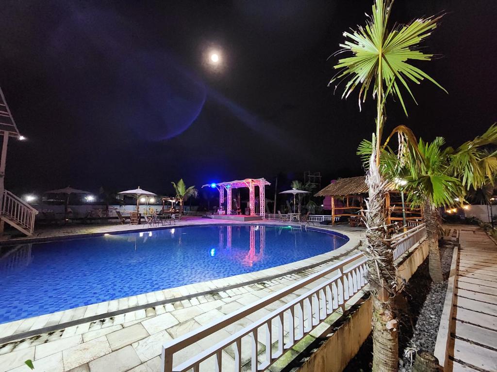 a swimming pool at night with a palm tree at BnB House Villa Jogja in Balong