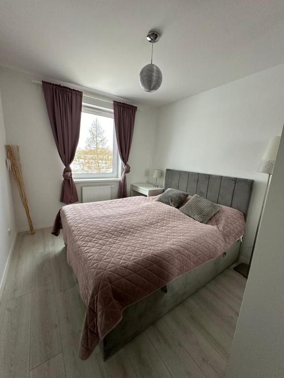 a bedroom with a large bed and a window at Apartament Szczytno Zielona in Szczytno