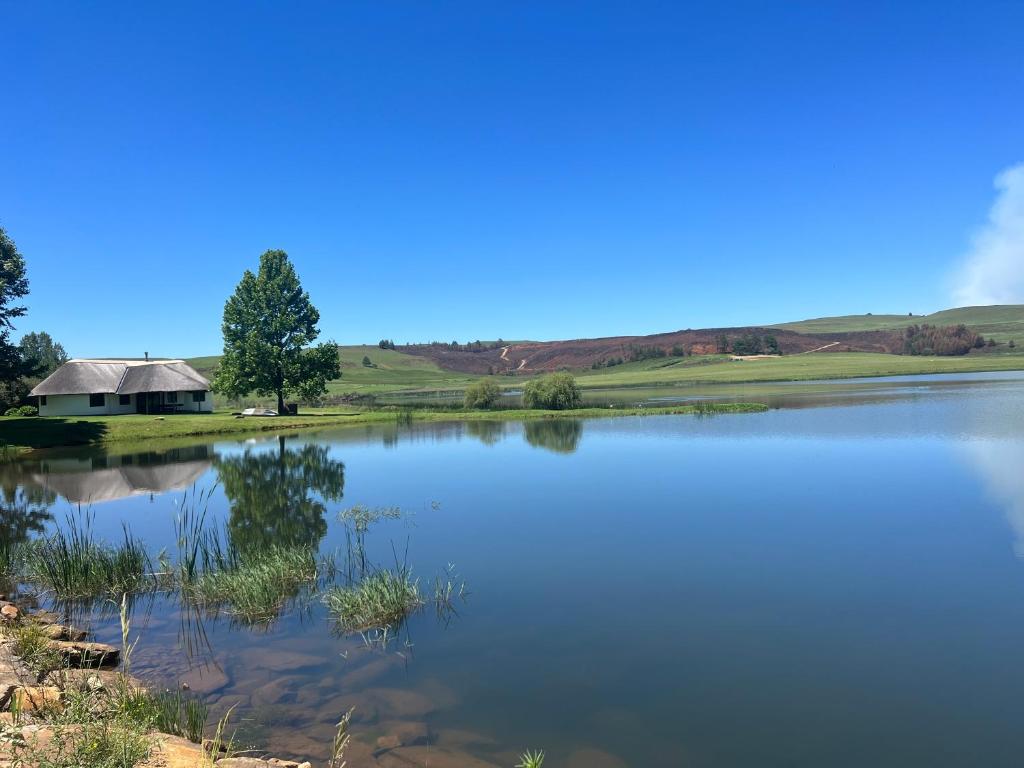 a view of a lake with a barn in the background at Dieu Donne Cottage in Underberg