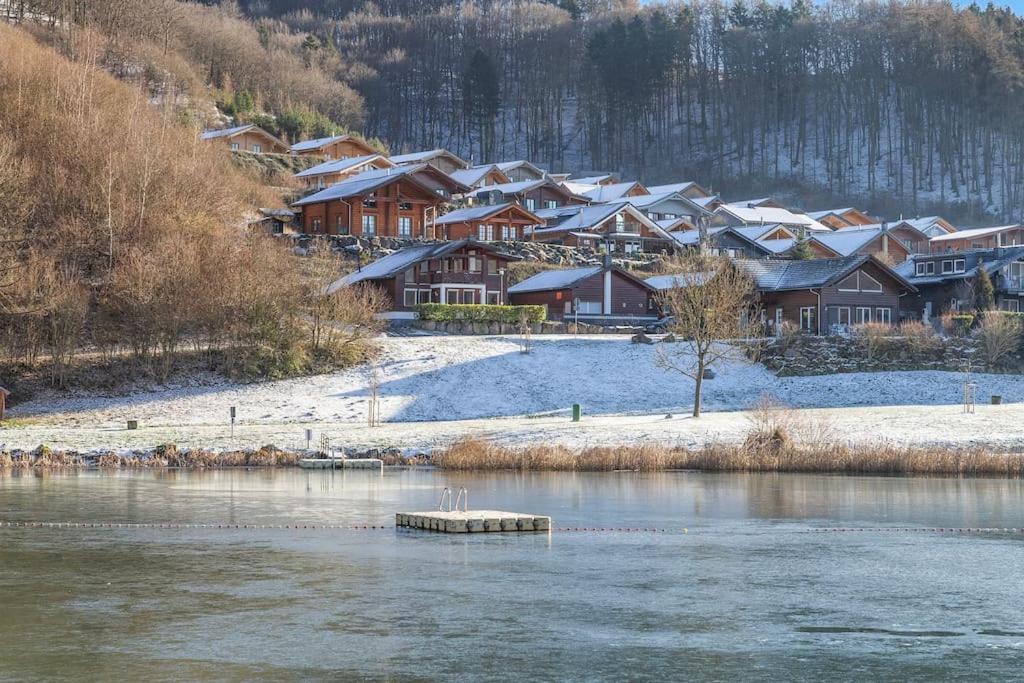 un grupo de casas en la nieve junto a un río en Luxus-Wellness-Haus am Waldsee en Rieden