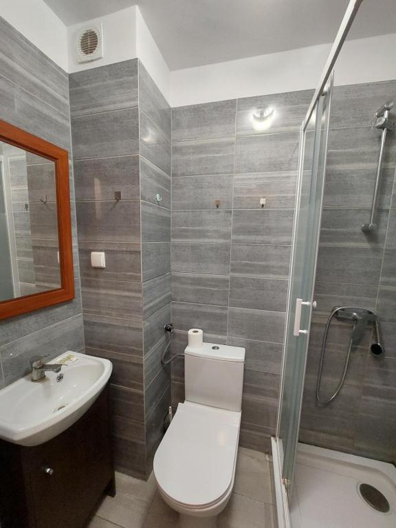 Ośrodek Wypoczynkowo-Hotelowy PRZĄŚNICZKA في لودز: حمام مع مرحاض ومغسلة ودش