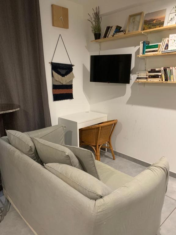 a living room with a couch and a tv at le Chartreuse / Rent4night Grenoble in Grenoble