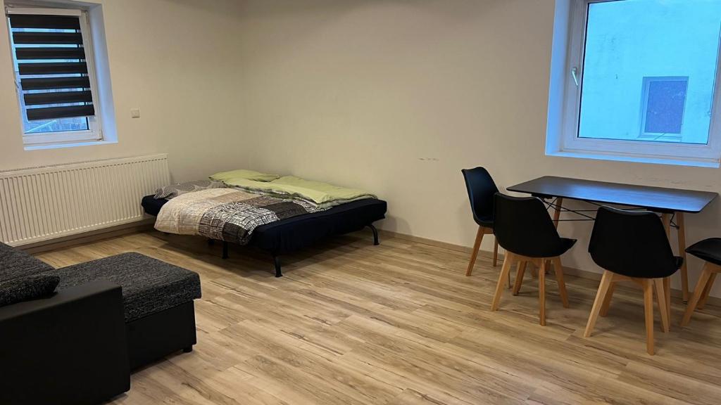 Zimmer mit einem Bett, einem Tisch und Stühlen in der Unterkunft Rona 2xZimmerwohnung in Darmstadt