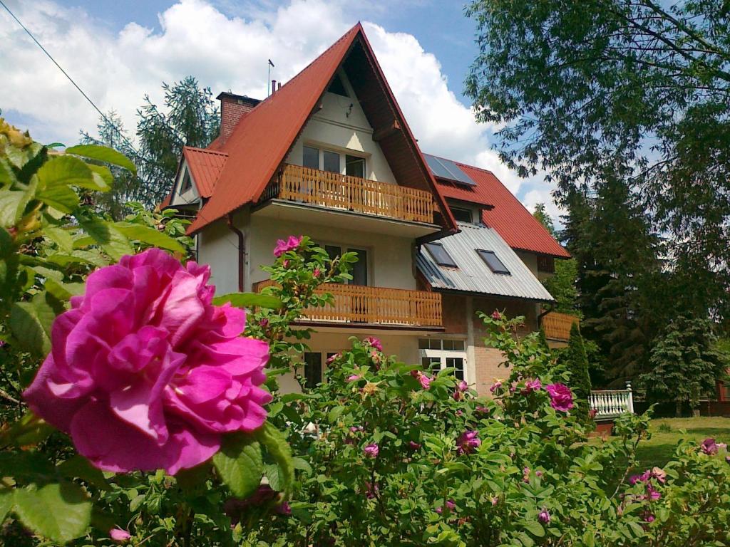 a house with a pink flower in front of it at A&J Kryspinów in Kryspinów