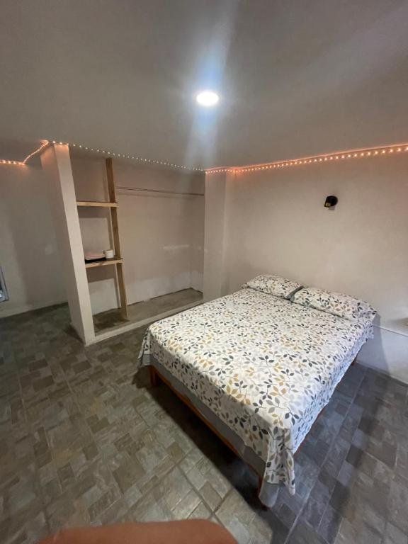 Dormitorio pequeño con cama y estante en Laguna 11, en Tampico