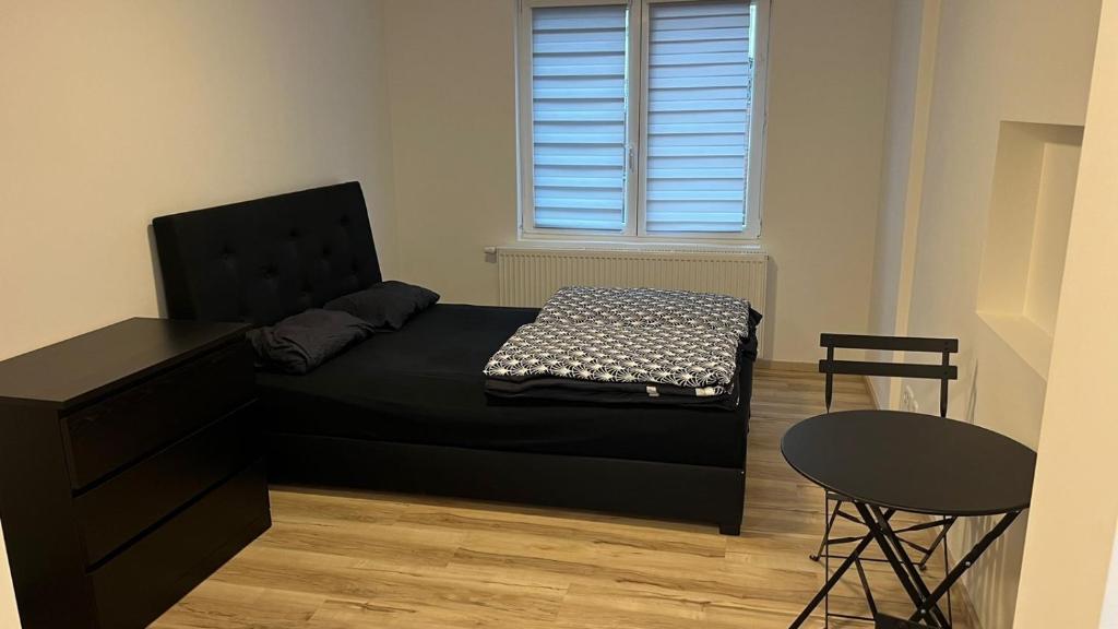 ein Schlafzimmer mit einem Bett, einem Tisch und einem Stuhl in der Unterkunft Sahra 1Zi. Wohnung Arheiligen in Darmstadt