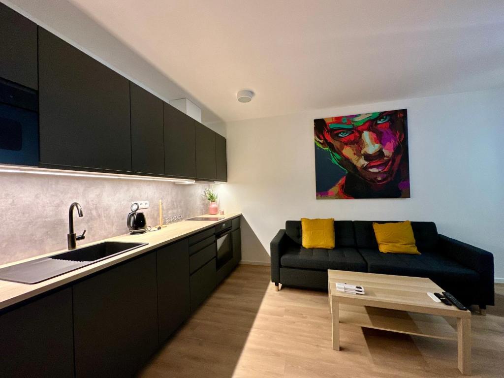 a kitchen and living room with a couch and a table at Vivien Modern City in Brno