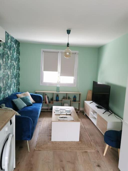 un salon avec un canapé bleu et une télévision dans l'établissement Charmante maison rénovée en plein centre, à Saint-Nazaire