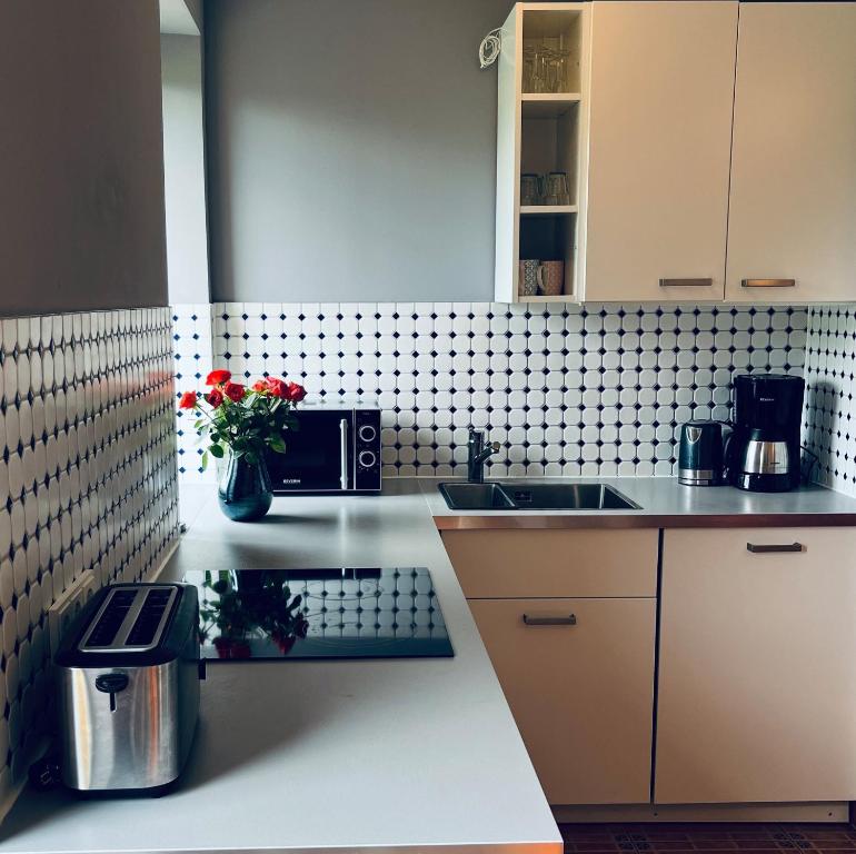 a kitchen with a sink and a microwave at Fünfseen 1-1 EG 