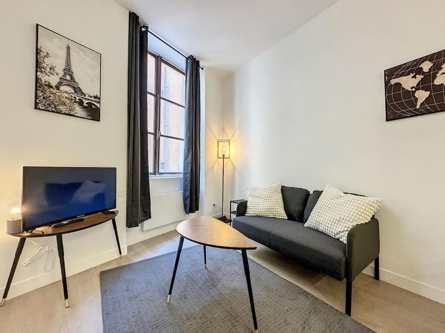 a living room with a couch and a tv at Cosy appt, Centre de Lyon Bellievre 1 in Lyon