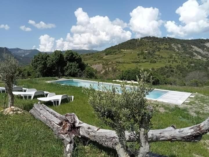 a swimming pool in a field with a fallen tree at FONT DE RAINE in Rottier