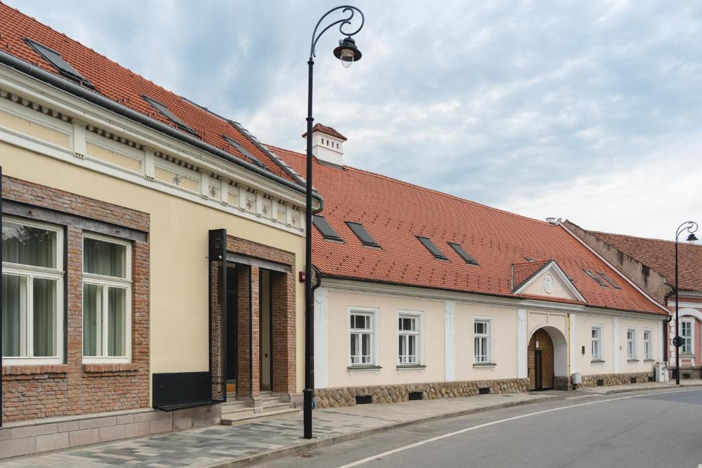 une rue avec un bâtiment à toit rouge dans l'établissement Isabella Boutique Hotel, à Sfântu-Gheorghe