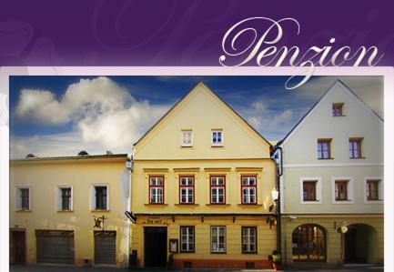 a collage of two buildings with the words reunion at Penzion U Lucerny in Jindřichŭv Hradec