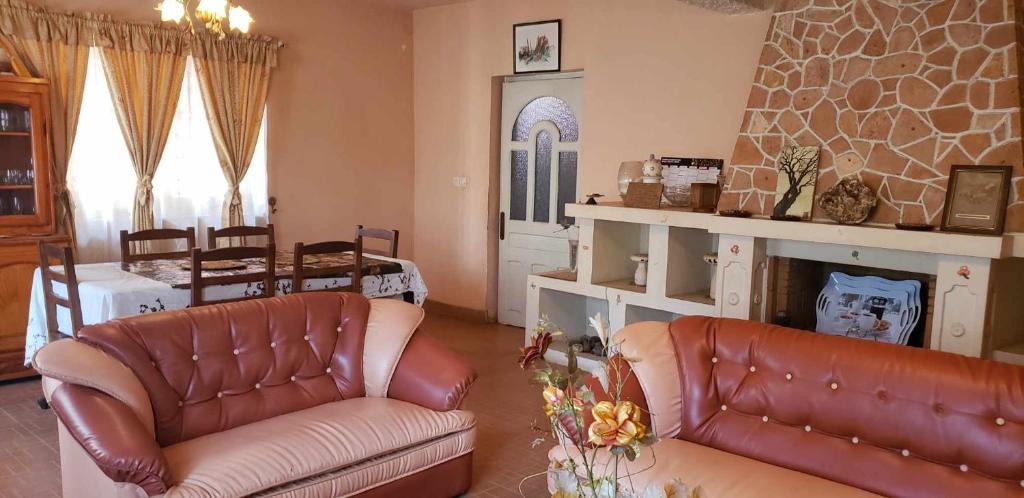 sala de estar con 2 sofás de cuero y chimenea en Antsaly en Antananarivo