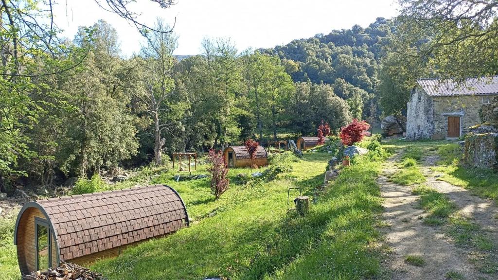 un jardin avec un bâtiment en pierre et un champ de gazon dans l'établissement A Chjusella di E Sertine, à Tralonca
