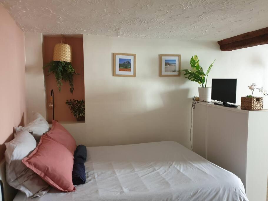 um quarto com uma cama branca e almofadas cor-de-rosa em Studio cosy dans le centre de Montpellier em Montpellier
