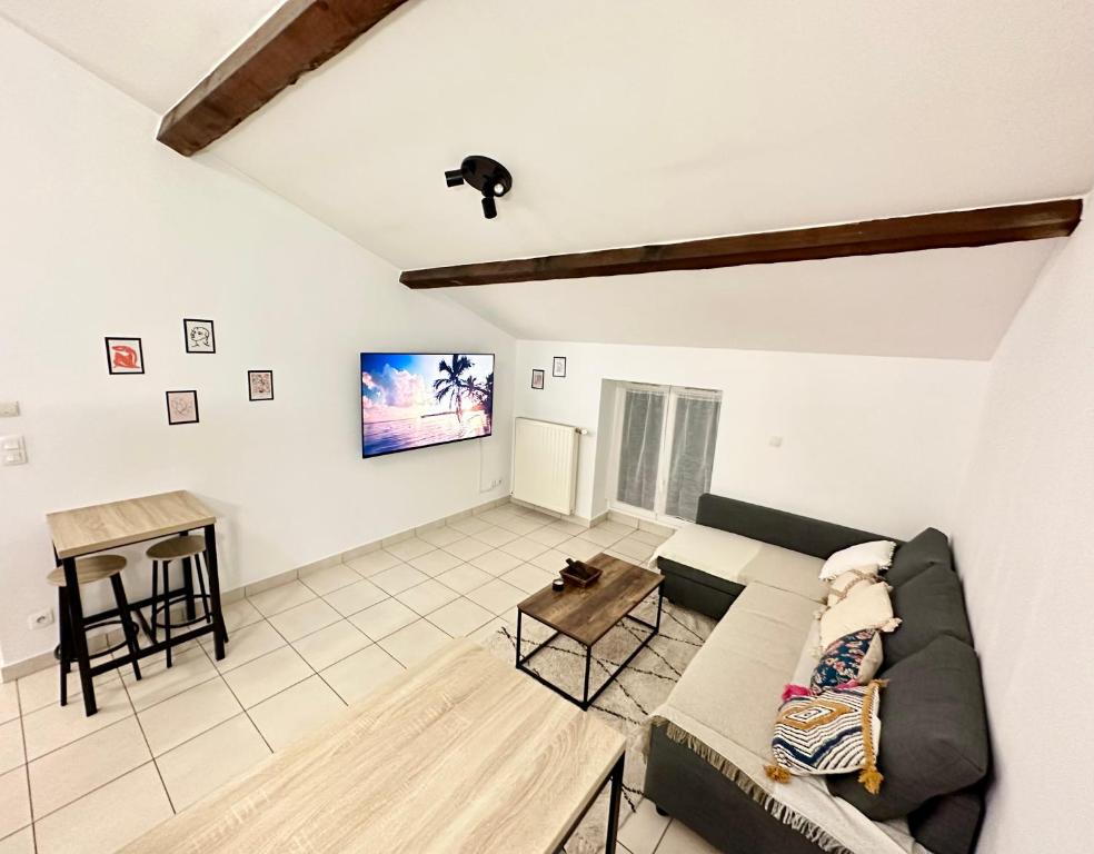 ein Wohnzimmer mit einem Sofa und einem Tisch in der Unterkunft Spacieux & Charmant 2 chambres - Lyon Bron Eurexpo in Bron