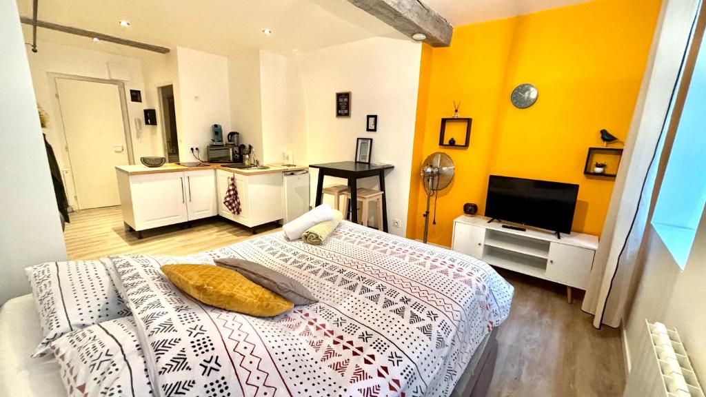 una camera da letto con un letto e una TV di Beau studio centre ville a Moulins