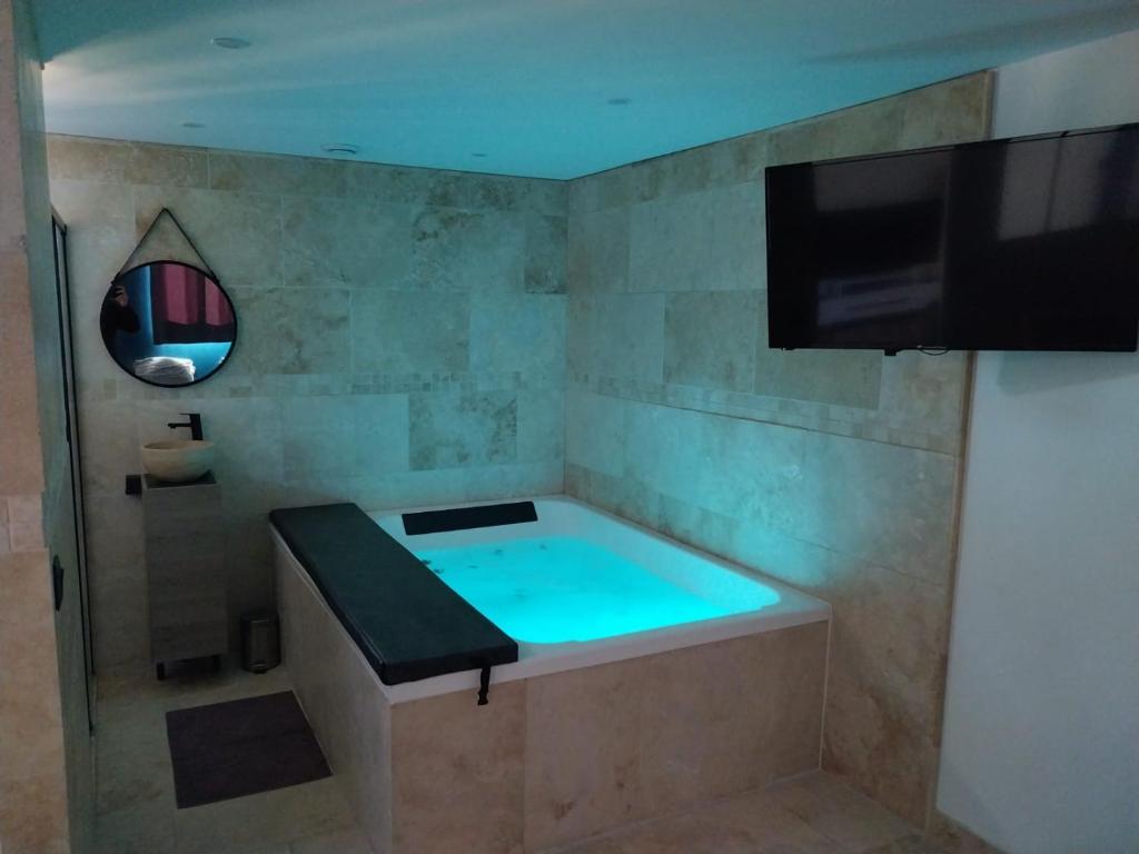 a bath tub with a television in a bathroom at Chalet détente proche plage in La Ciotat
