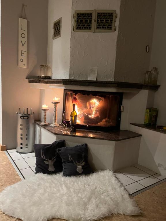 a living room with a fireplace and a white rug at Ferienhaus Auszeit Harz Braunlage/Hohegeiß in Braunlage