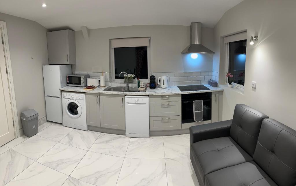 a kitchen with a sink and a couch in a room at Atlantic Sea View in Tralee