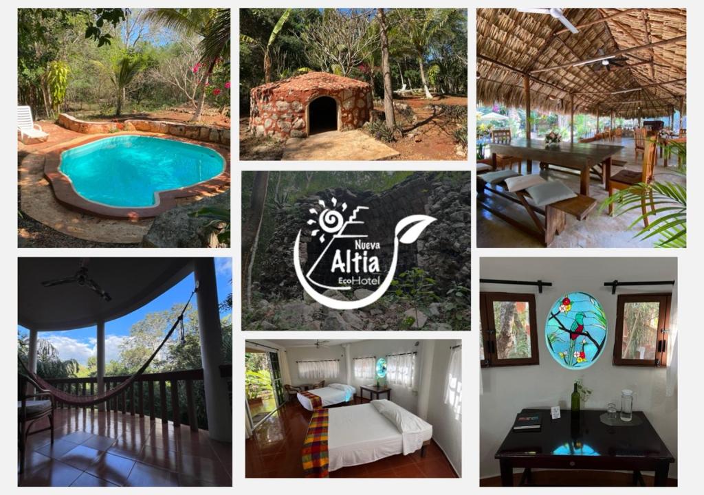un collage de fotos de un complejo con piscina en Eco-Hotel Nueva Altia, en Santa Elena