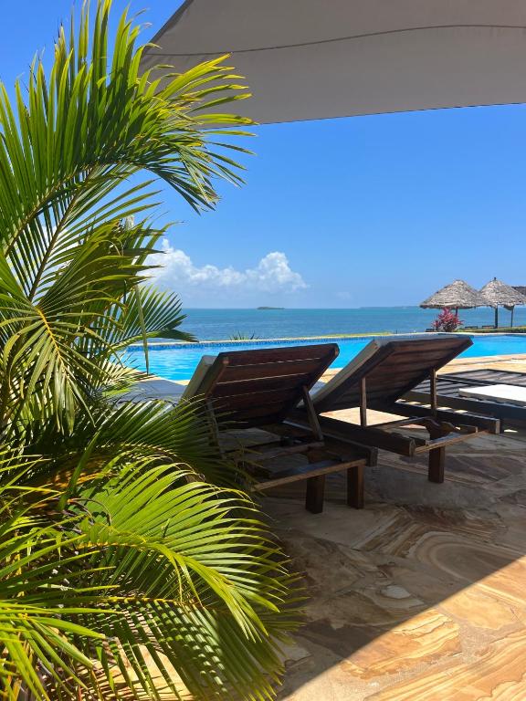 two picnic tables and a palm tree on the beach at Calamari Beach Resort in Zanzibar City