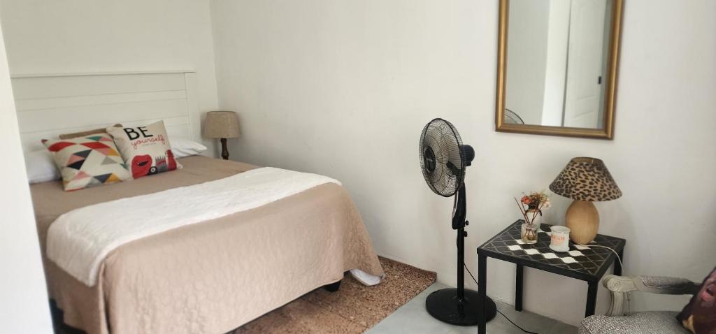 a bedroom with a bed with a fan and a chair at Treegate HMS Gardens in Lusaka