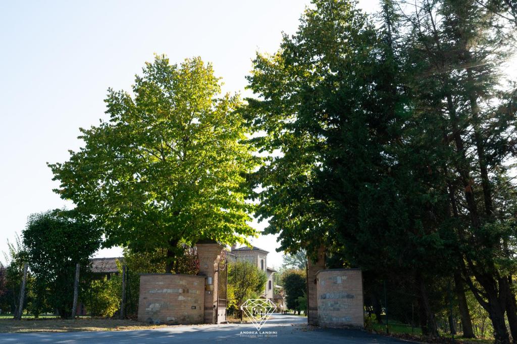 two trees in front of a house on a street at La Rondanina in Castelnuovo Fogliani