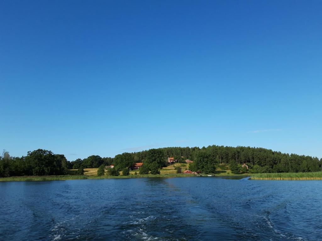 Gärdsholmens Skärgårdshemman "Eken" في Edsbruk: اطلالة على بحيرة فيها اشجار في الخلفية