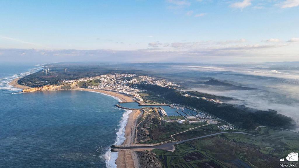 an aerial view of a beach and the ocean at Chalas bedroom in Nazaré