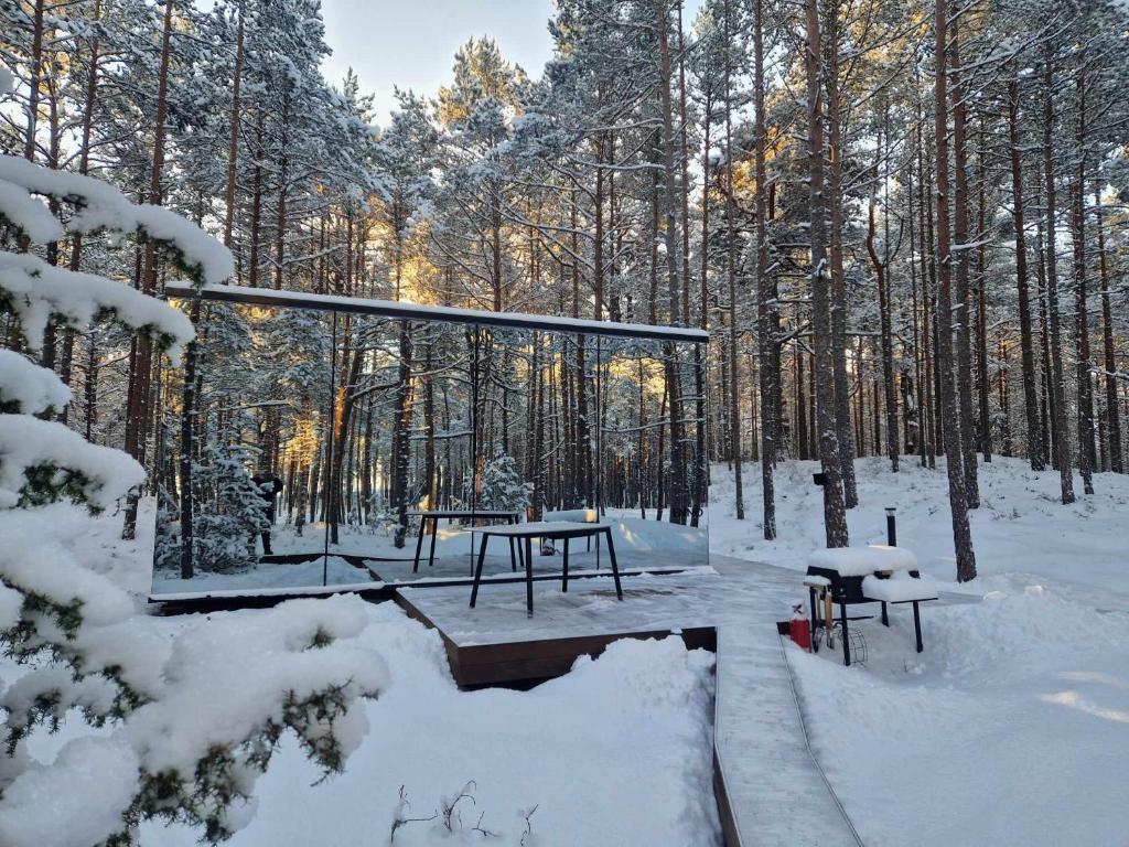 a picnic table in the snow in a forest at ÖÖD Hötels Lohusalu LEIDA & ENNO in Laulasmaa
