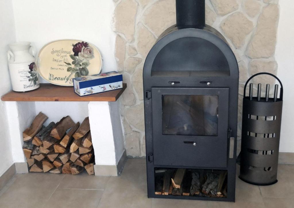 a wood stove in a living room with a fire place at Ferienwohnung Wroblewsky in Klein Ziethen