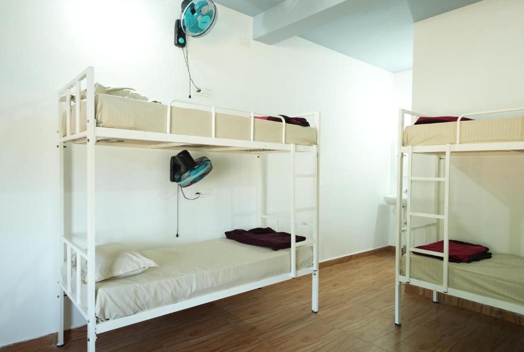 une chambre avec trois lits superposés dans l'établissement Borrbo Beach Hostel Gokarna, à Gokarna
