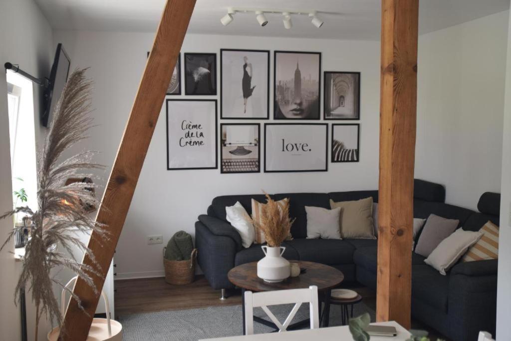 a living room with a blue couch and pictures on the wall at TKS HOME Zur Tenne 