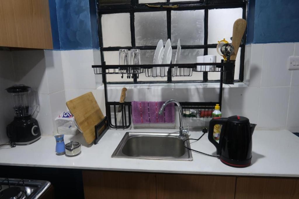 a kitchen counter with a sink and a window at Iconic Stays in Eldoret