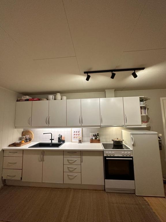 a kitchen with white cabinets and a sink and a refrigerator at Koselig leilighet med havutsikt in Tromsø