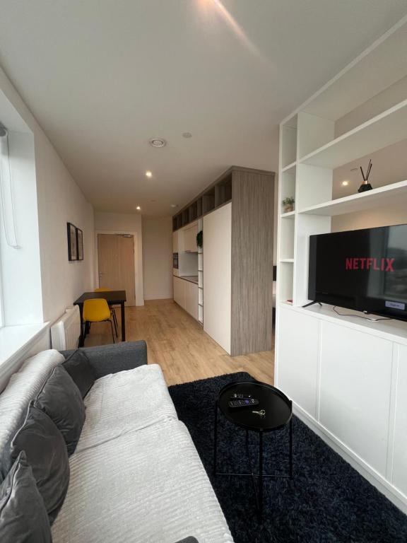 a living room with a couch and a flat screen tv at London Heathrow Airport Apartment Voyager House Terminal 12345 - EV electric and Parking available in New Bedfont