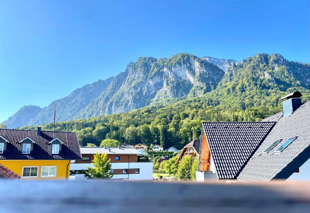 a view of a town with a mountain in the background at Mountain View Salzburg Apartments in Grödig