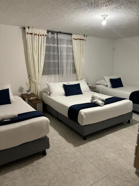 1 dormitorio con 2 camas y ventana en Merak Hostel, en Villa de Leyva
