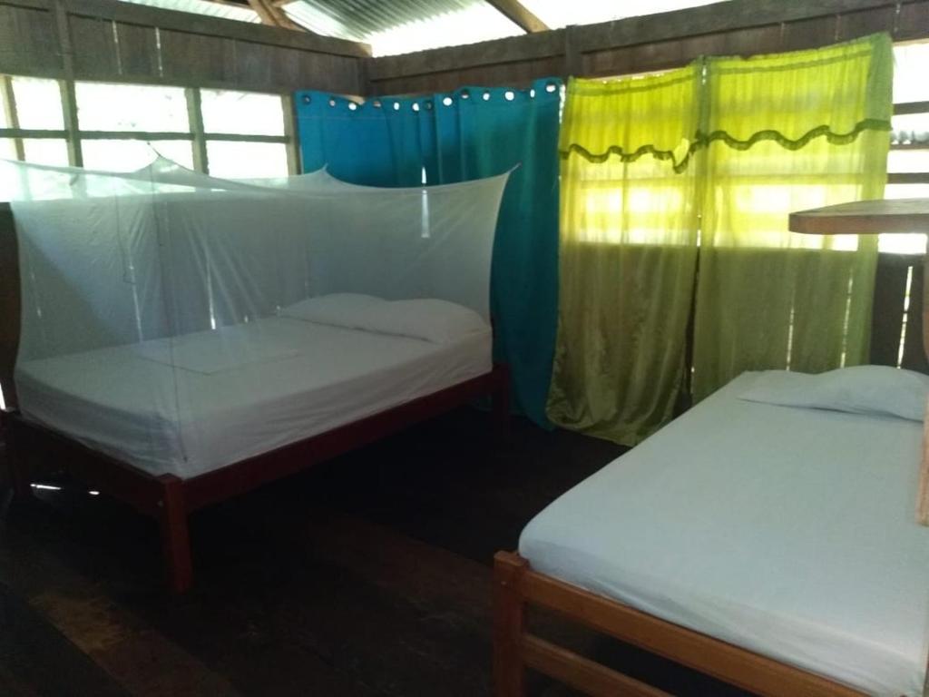 a couple of beds in a room with curtains at Hostal Dasilva en San Martín de amacayacu in San Martín