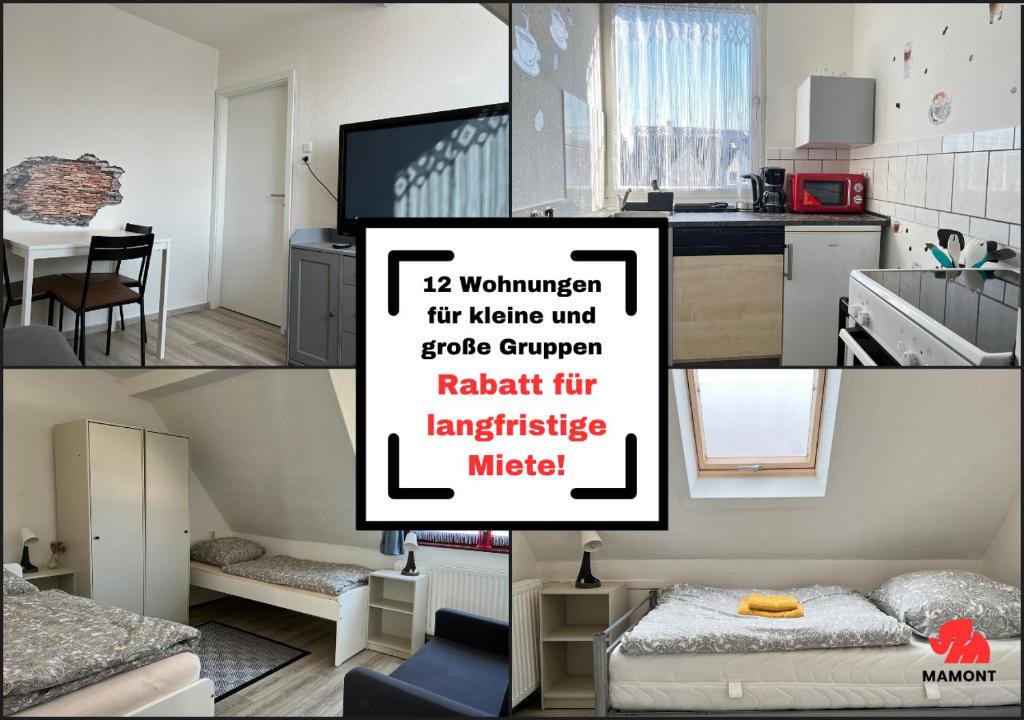 Schöne, helle Monteurwohnung City-Nähe في بريمين: مجموعة صور مطبخ وغرفة معيشة
