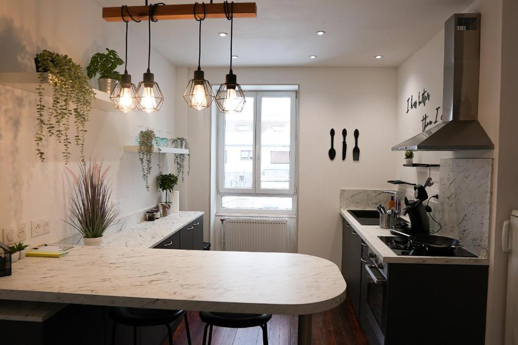 a kitchen with a counter and a kitchen island with a sink at La Villa Hortensia in Jungholtz