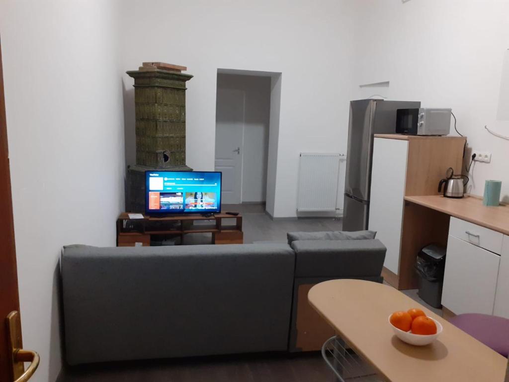 a living room with a couch and a television at Fantomas*** N4 City Center Apartments 3 Bedroom + Living room in Szombathely